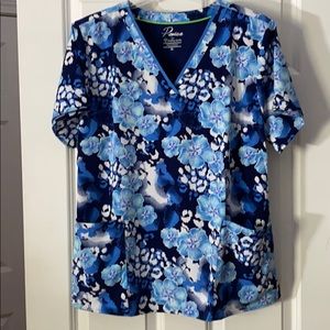 Blue Floral Scrub Top